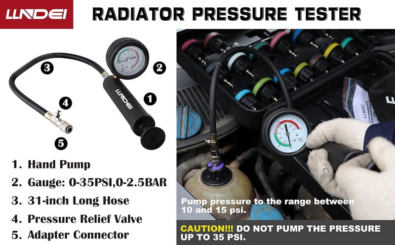 LLNDEI Coolant Radiator Pressure Tester Kit 28PCS Radiator Pressure Tester Pneumatic Vacuum Cooling System Purge Refill Leak/Refiller Set, Universal Automotive Domestic/Import Vehicles, Motorcycle - Image 4